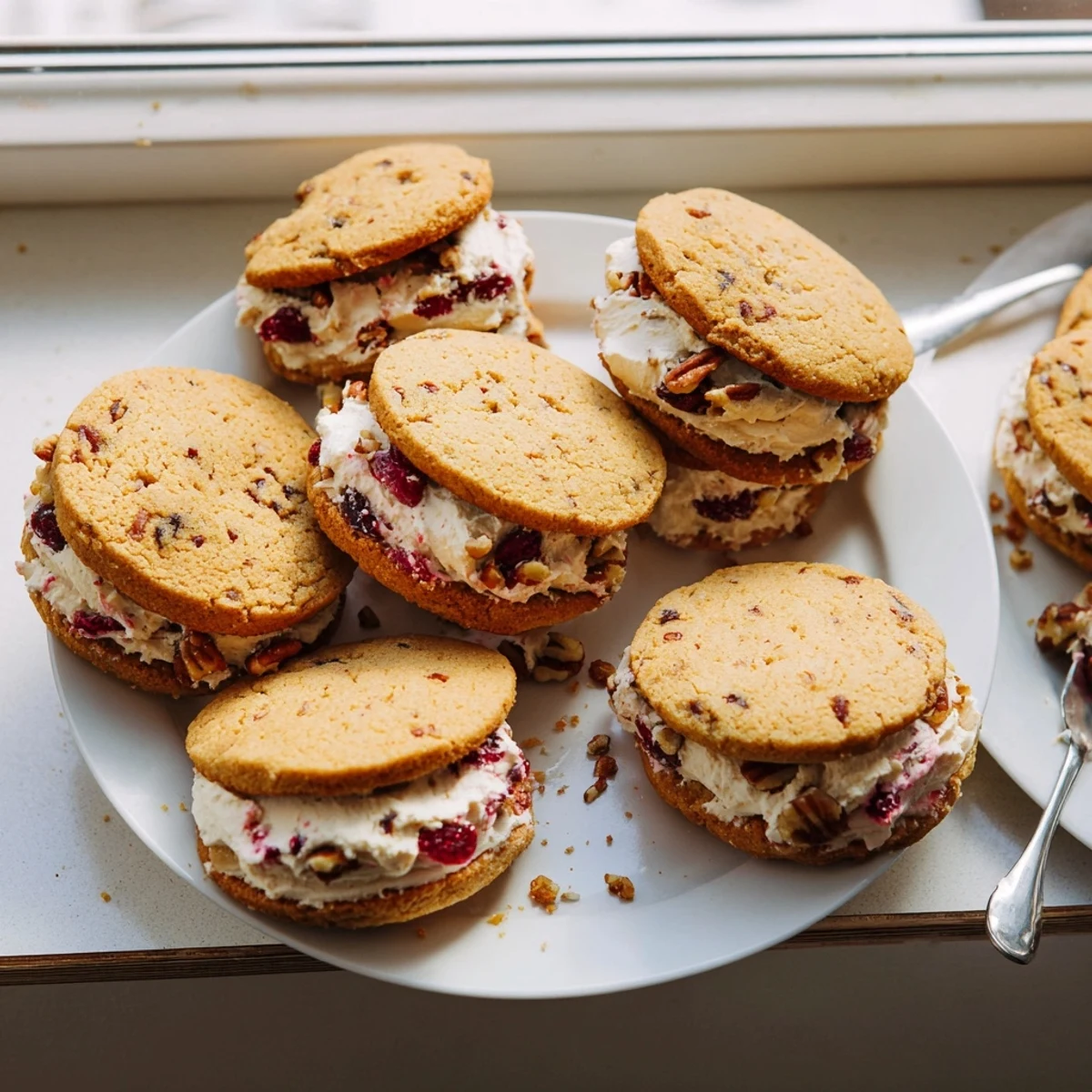 Two round pecan cranberry sandwich cookies filled with fluffy cream cheese frosting on wooden board