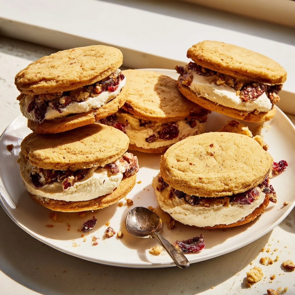 Buttery cookie sandwich revealing tart cranberry bits and toasted pecans with sweet cream cheese center