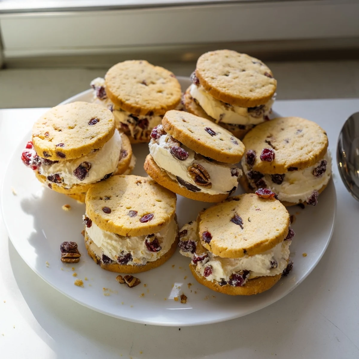 Golden cranberry pecan sandwich cookies with creamy cream cheese filling stacked on white plate