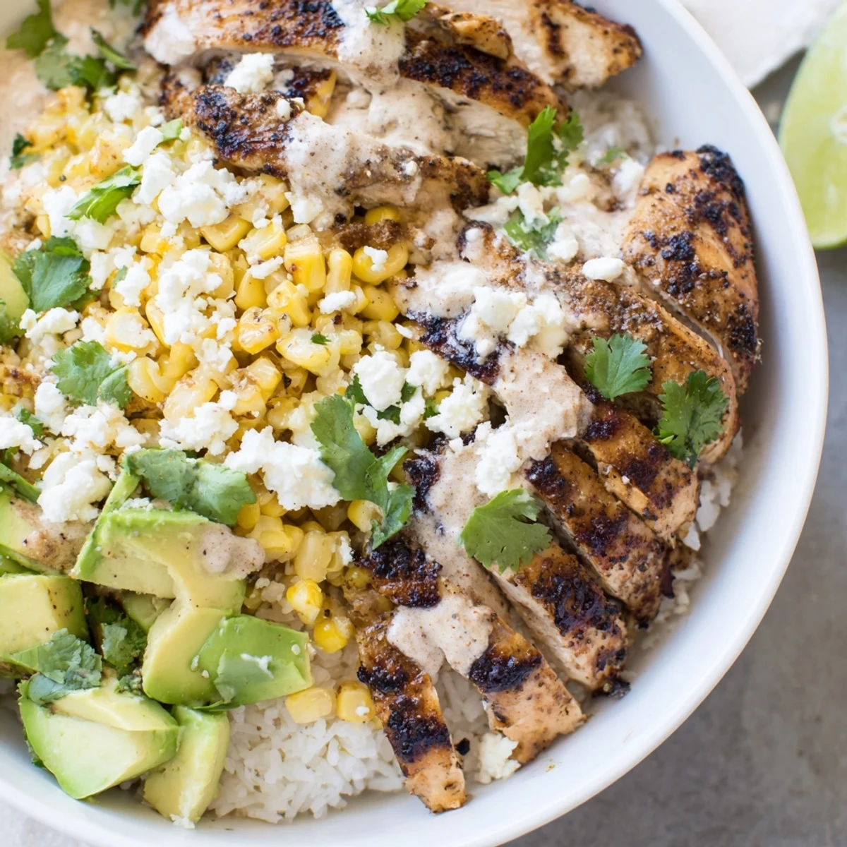 Golden street corn chicken rice bowl with juicy grilled sliced chicken, charred corn kernels, creamy cotija sauce, avocado, cilantro, lime wedges over fluffy white rice