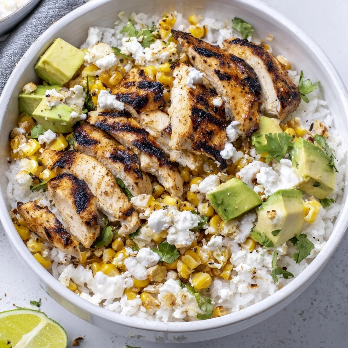 Mexican-inspired street corn chicken rice bowl featuring spiced grilled chicken, sweet charred corn, tangy mayonnaise sauce, fresh cilantro, diced avocado atop steamed rice