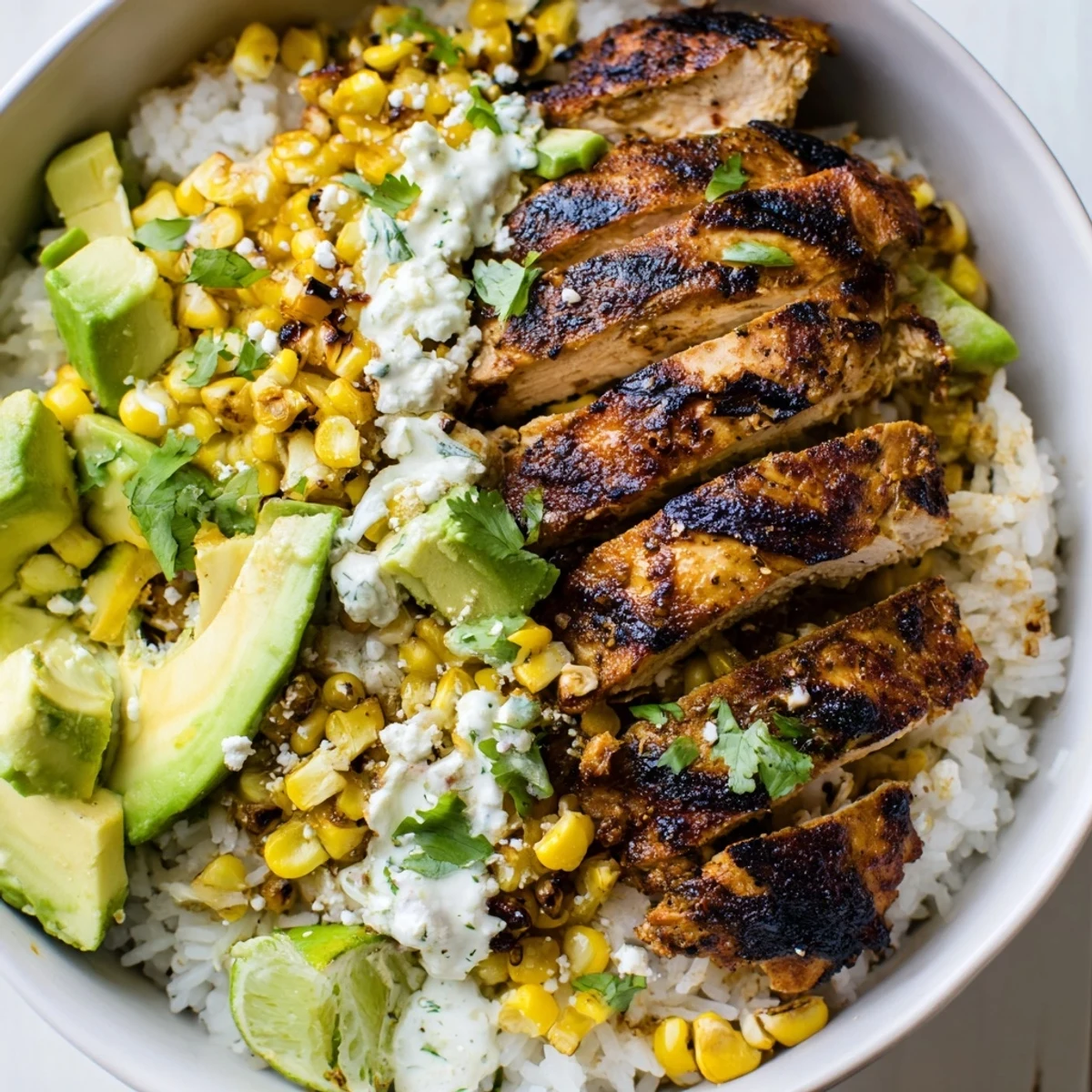 Vibrant street corn chicken rice bowl packed with seasoned chicken breast, roasted street corn, zesty lime crema, crumbled cheese, avocado slices, garnished with cilantro