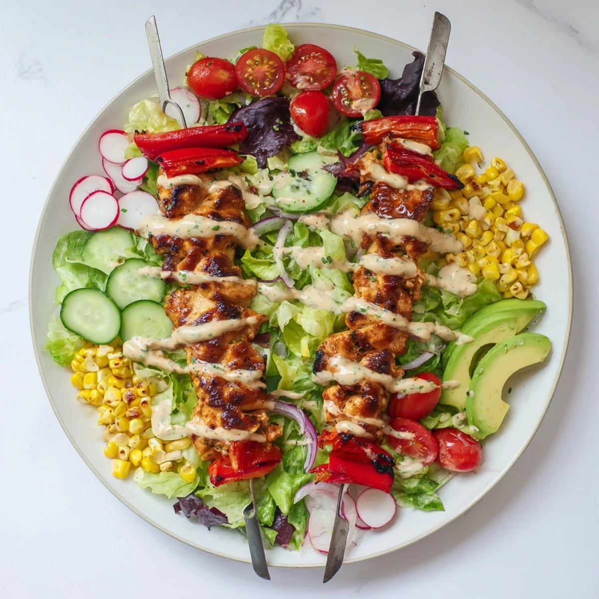 Golden grilled BBQ chicken skewers atop crisp mixed greens with colorful vegetables and creamy herby ranch dressing