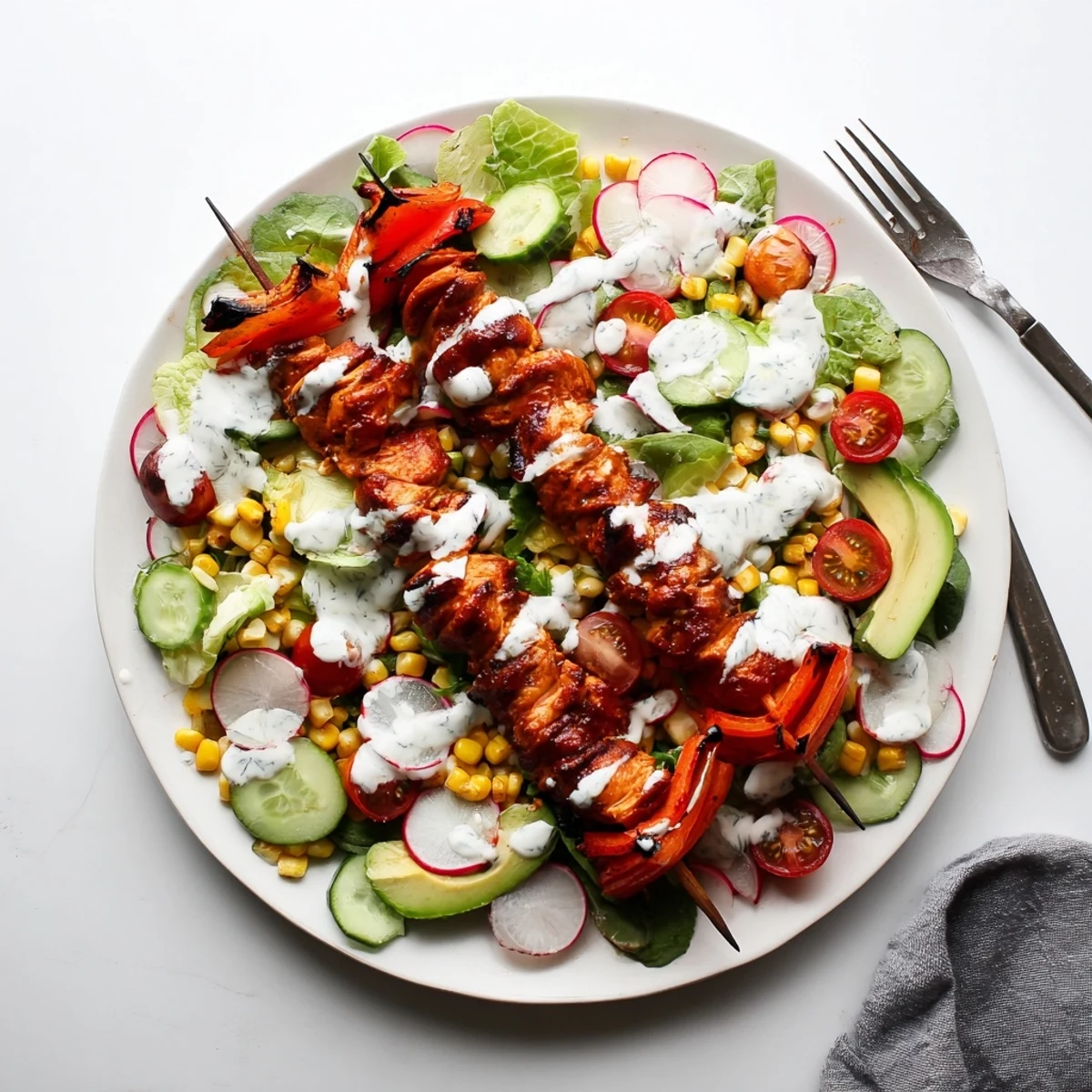 Charred BBQ chicken skewers arranged over fresh salad with cherry tomatoes avocado cucumber and tangy homemade ranch
