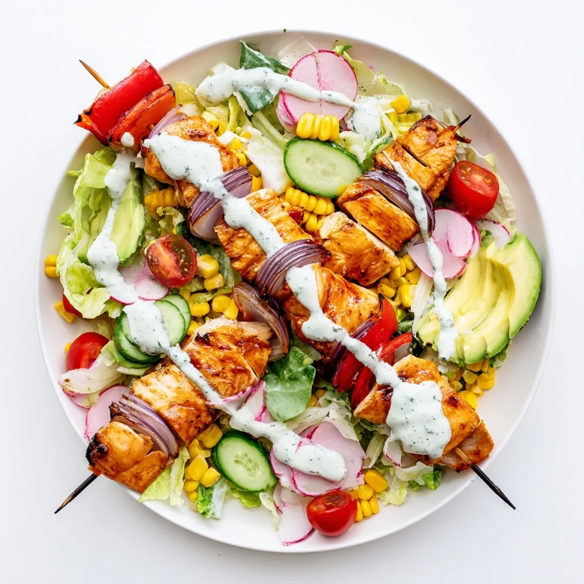 Sizzling BBQ chicken skewers plated on vibrant bed of lettuce peppers radishes and sweetcorn drizzled with green herb dressing