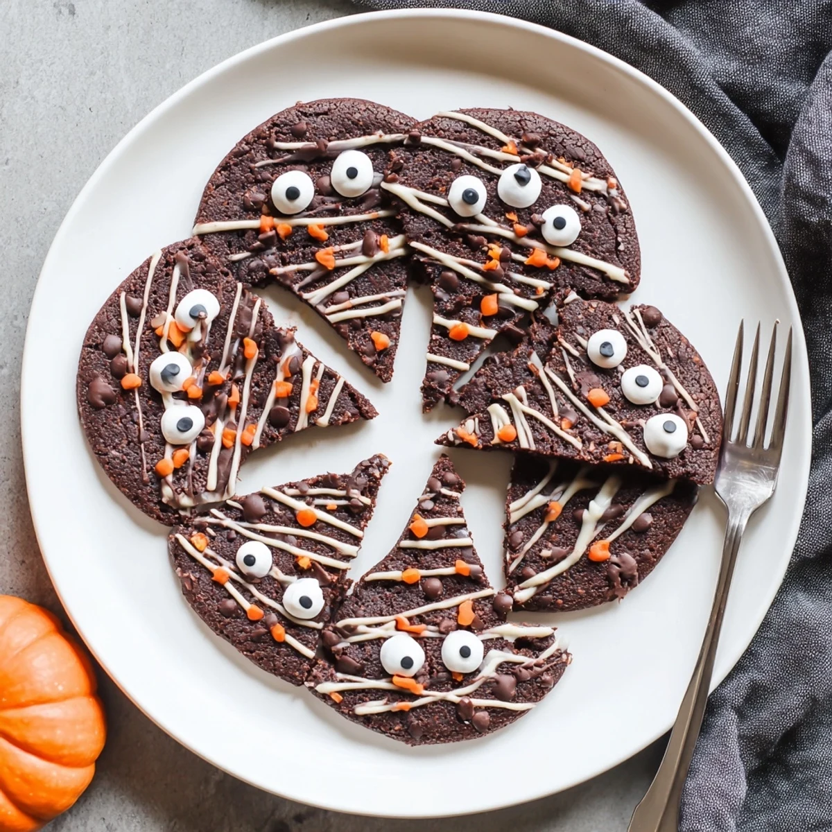 Spooky chocolate orange freaky face cookies decorated with candy eyeballs and colorful sprinkles for Halloween fun