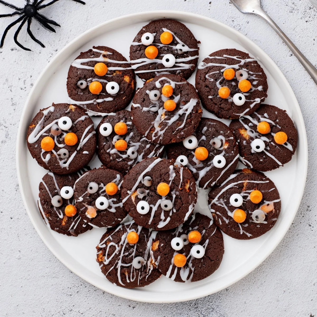 Freshly baked chocolate orange freaky face cookies with playful faces and melted chocolate details on a cooling rack