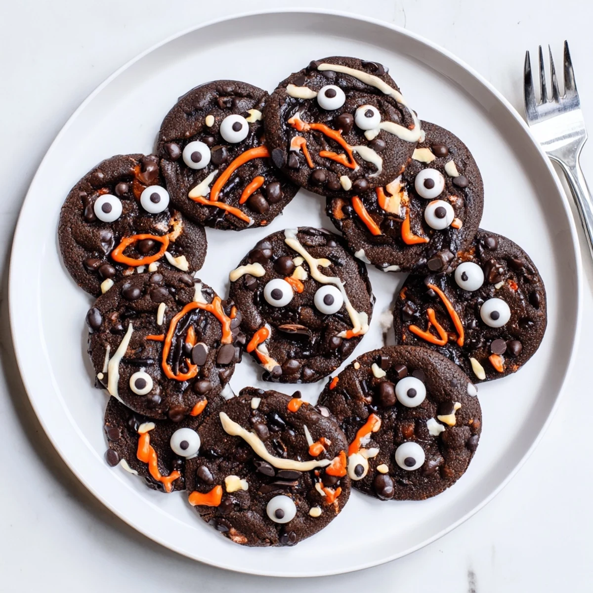 Rich dark chocolate orange freaky face cookies featuring googly eyes and vibrant orange zest for festive dessert tables