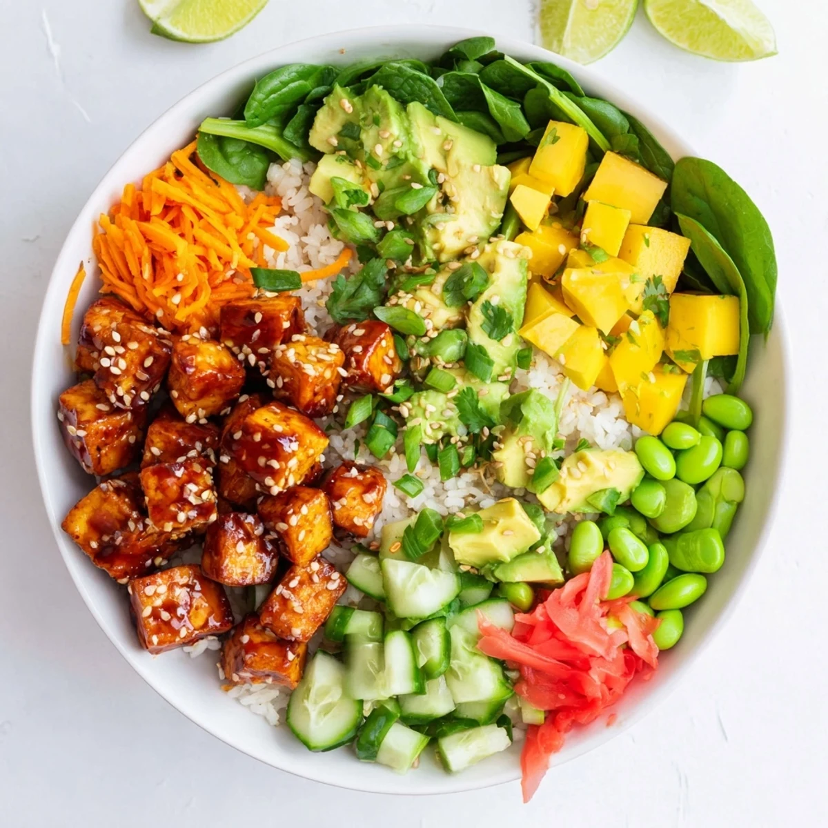 Colorful avocado mango poke salad bowl with marinated tofu, fresh vegetables, and sesame seed garnish