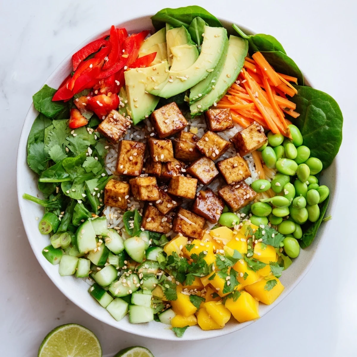 Vibrant Hawaiian fusion salad featuring creamy avocado cubes, sweet mango pieces, and seasoned tofu over rice