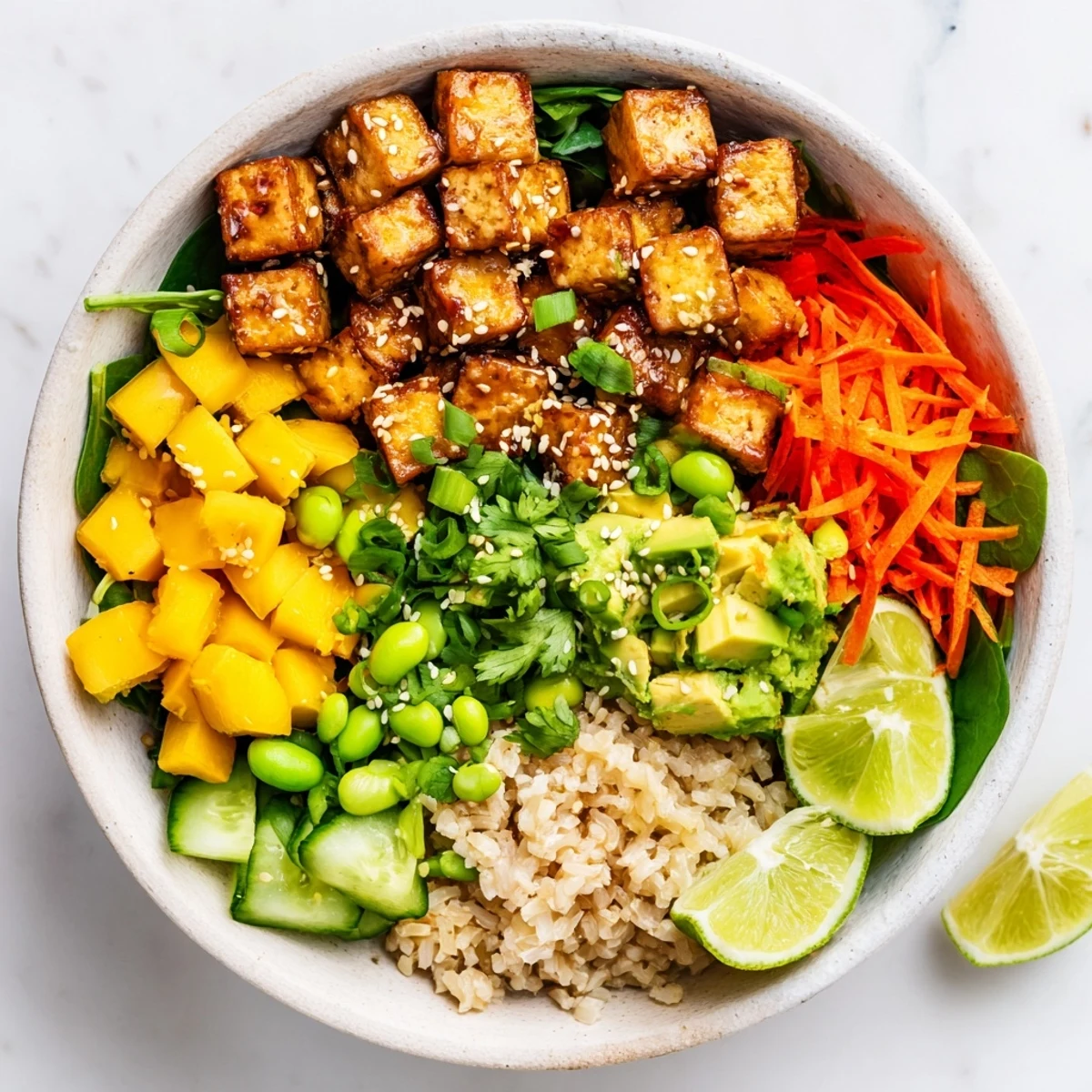 Fresh vegan avocado mango poke bowl arranged with greens, edamame, cucumber, and cilantro lime garnish