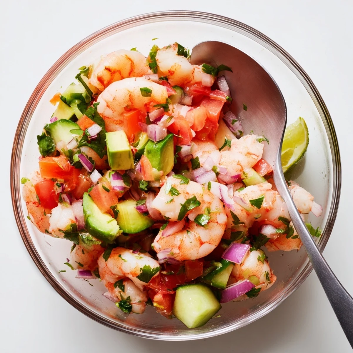 Fresh easy shrimp ceviche served in white bowl with colorful diced vegetables and herbs