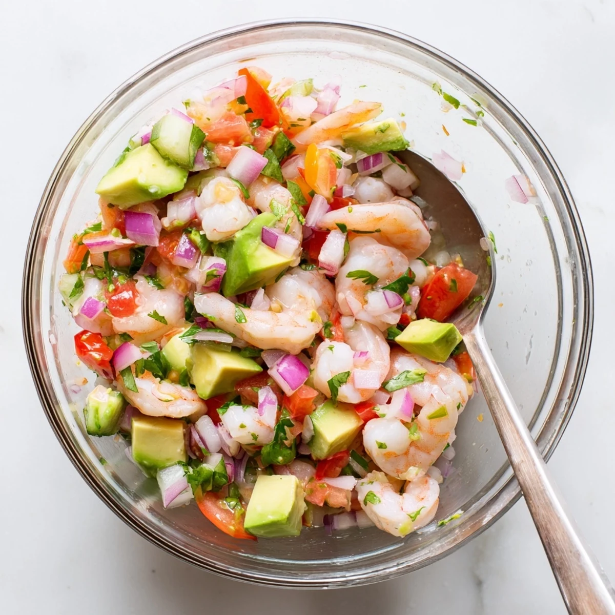 Easy shrimp ceviche appetizer featuring tender shrimp, avocado, cilantro on bed of crisp lettuce