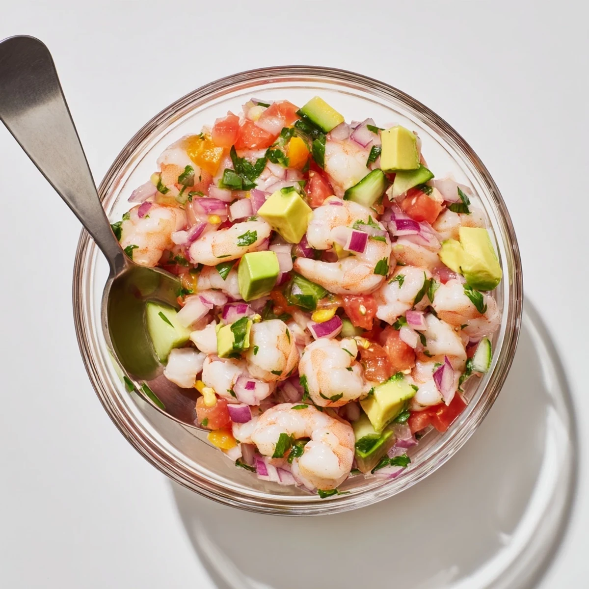 Glass bowl of easy shrimp ceviche marinated in citrus with crisp red onion and tomatoes