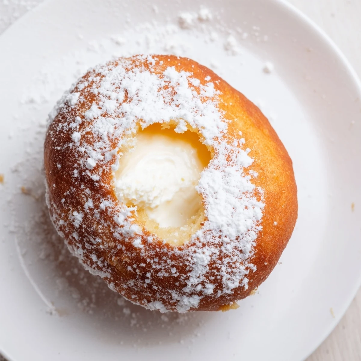 Golden brown Korean milk cream donuts coated in powdered sugar on a white plate