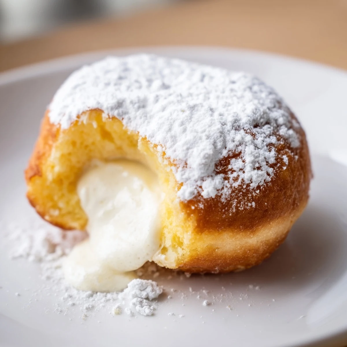 Soft fried donuts filled with sweet milk cream sprinkled with white powdered sugar