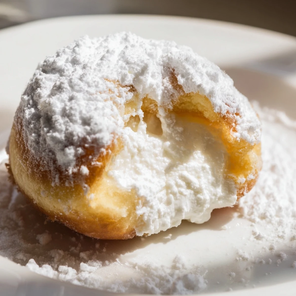 Pillowy Korean donuts sliced open to reveal creamy milk filling on marble surface