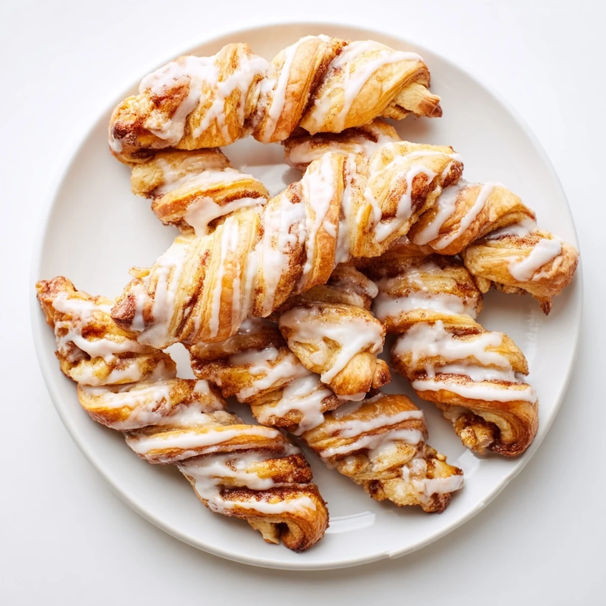 Golden sweet cinnamon twists drizzled with vanilla glaze on a white serving plate