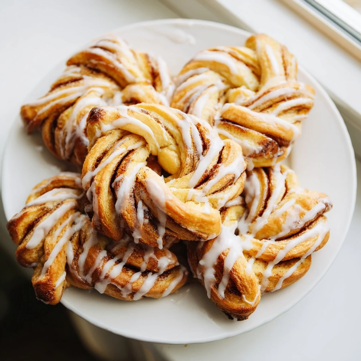 Fluffy sweet cinnamon twists arranged on a baking sheet with light vanilla glaze dripping down the sides