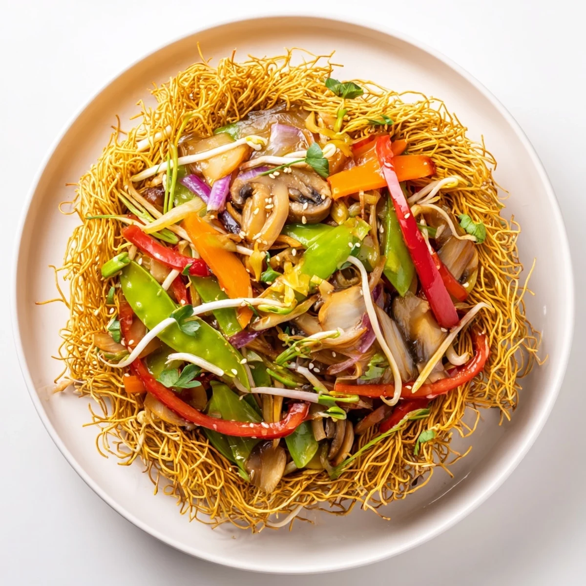 Golden crispy chow mein noodles topped with colorful stir-fried vegetables in savory sauce