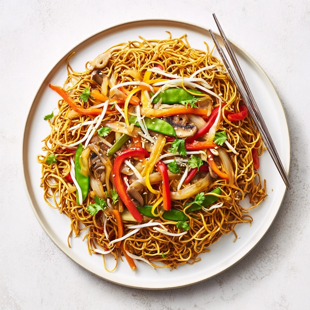 Steamy plate of crispy noodle chow mein with bell peppers, carrots, and snow peas