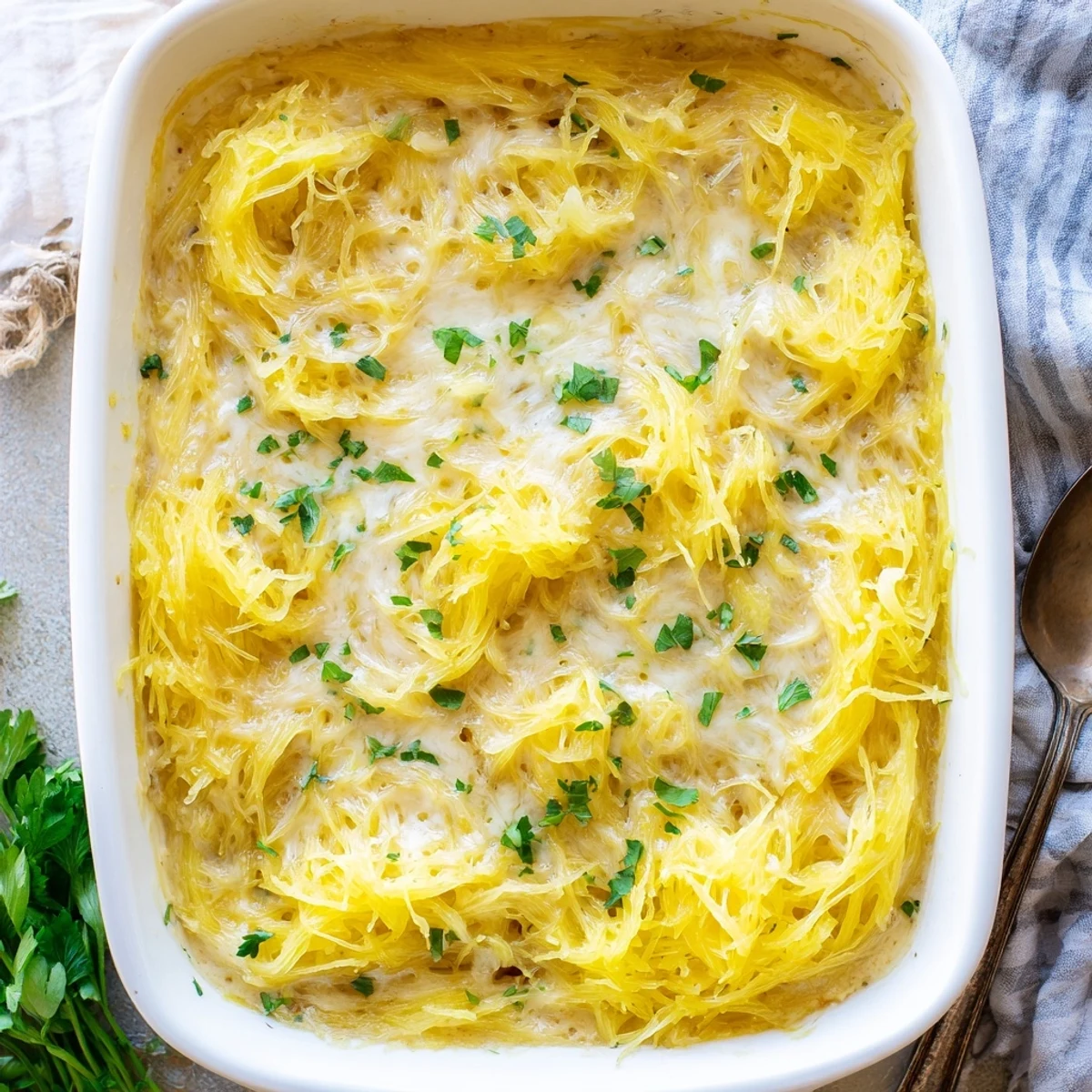 Golden bubbling spaghetti squash au gratin topped with melted Gruyère and Parmesan cheese