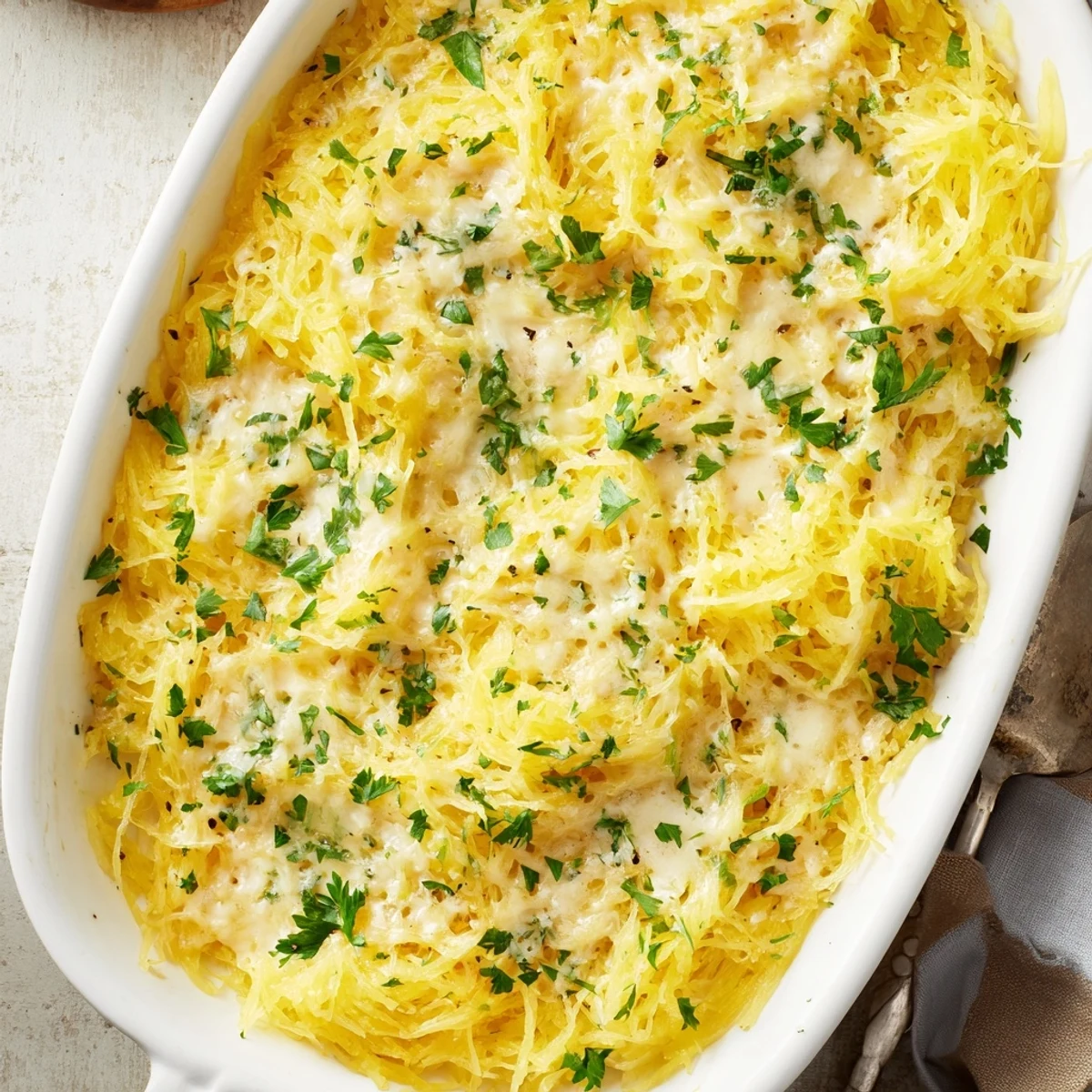 Creamy low-carb spaghetti squash au gratin baked in a white ceramic dish