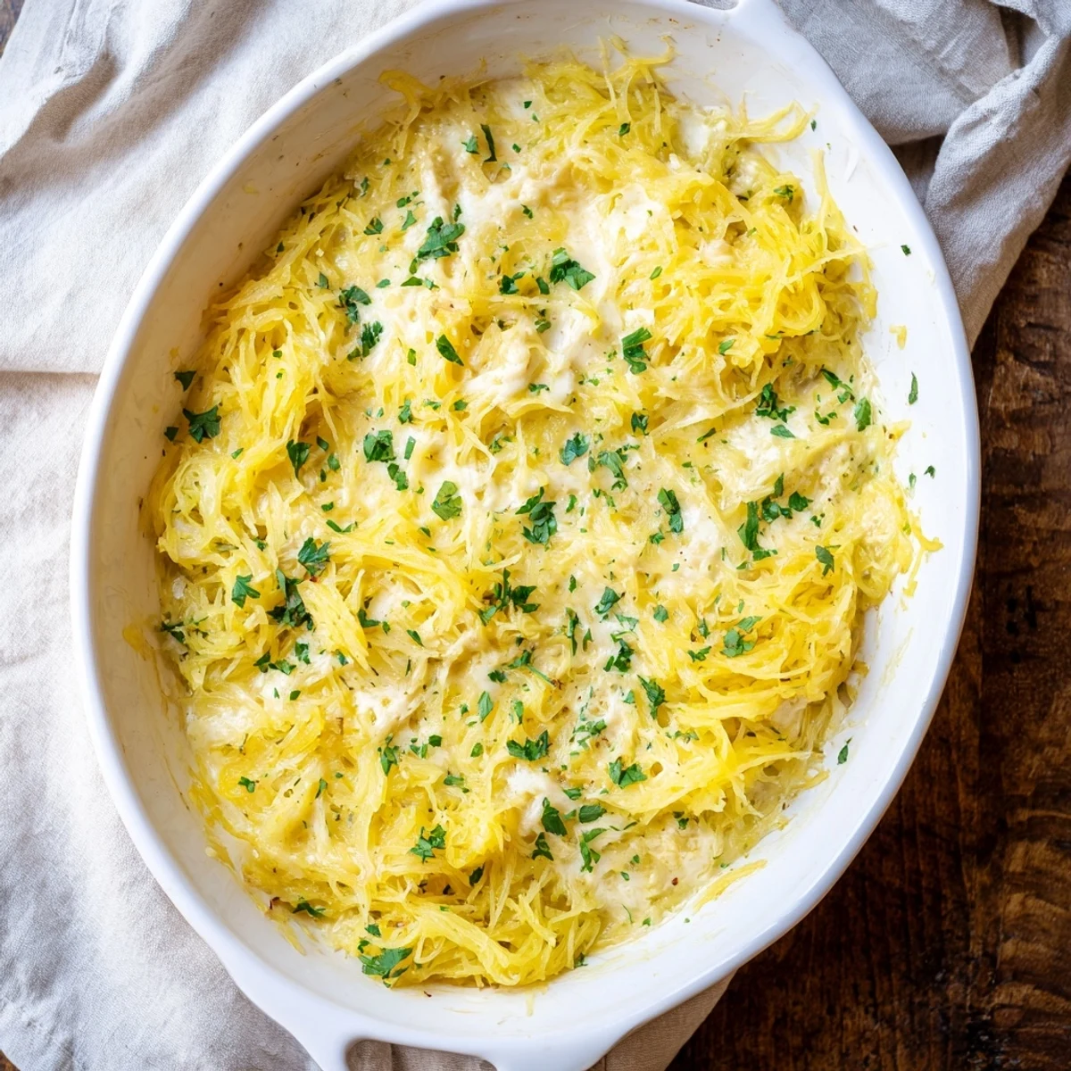 Roasted spaghetti squash strands in rich cheese sauce with golden brown topping