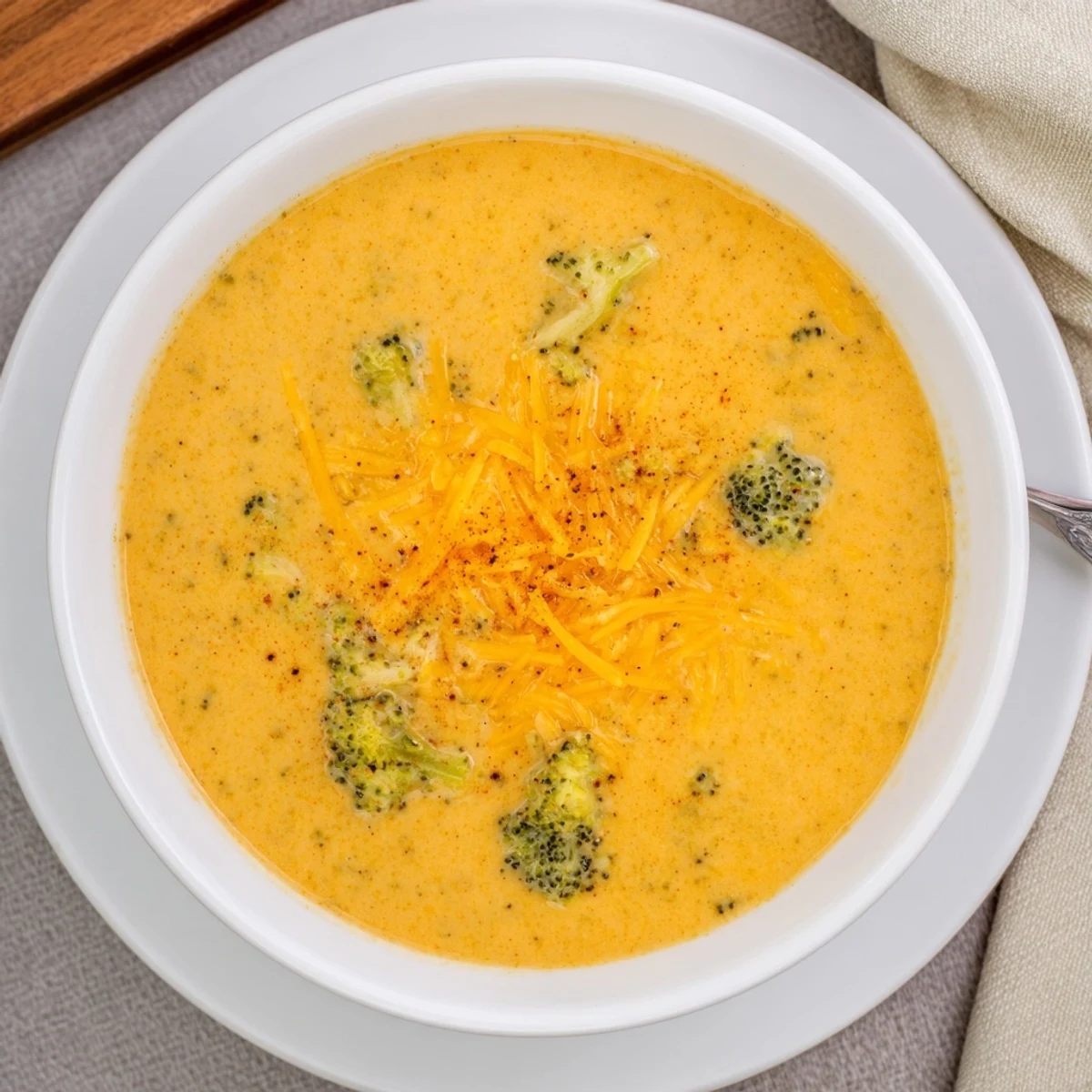 Bowl of creamy broccoli cheddar soup garnished with shredded cheese and black pepper