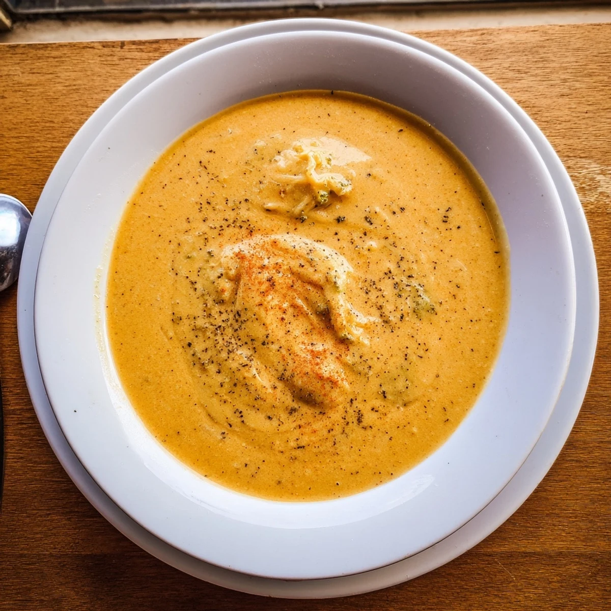 Velvety broccoli cheddar soup ladled into white bowl with fresh broccoli florets