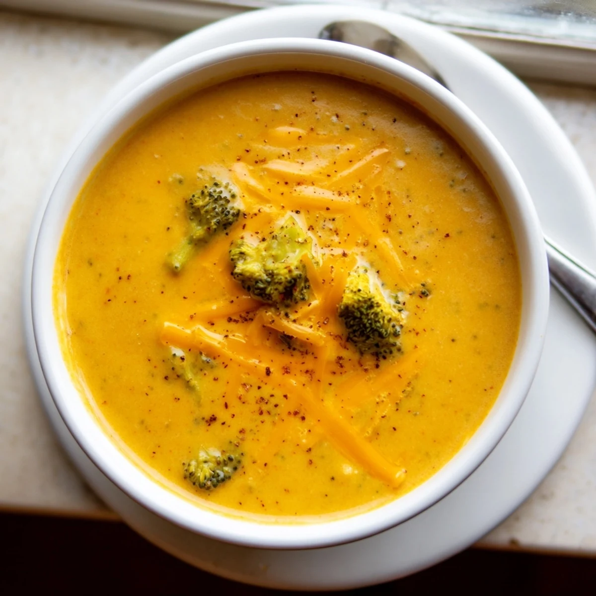 Steamy homemade broccoli cheddar soup with crusty bread on a wooden table