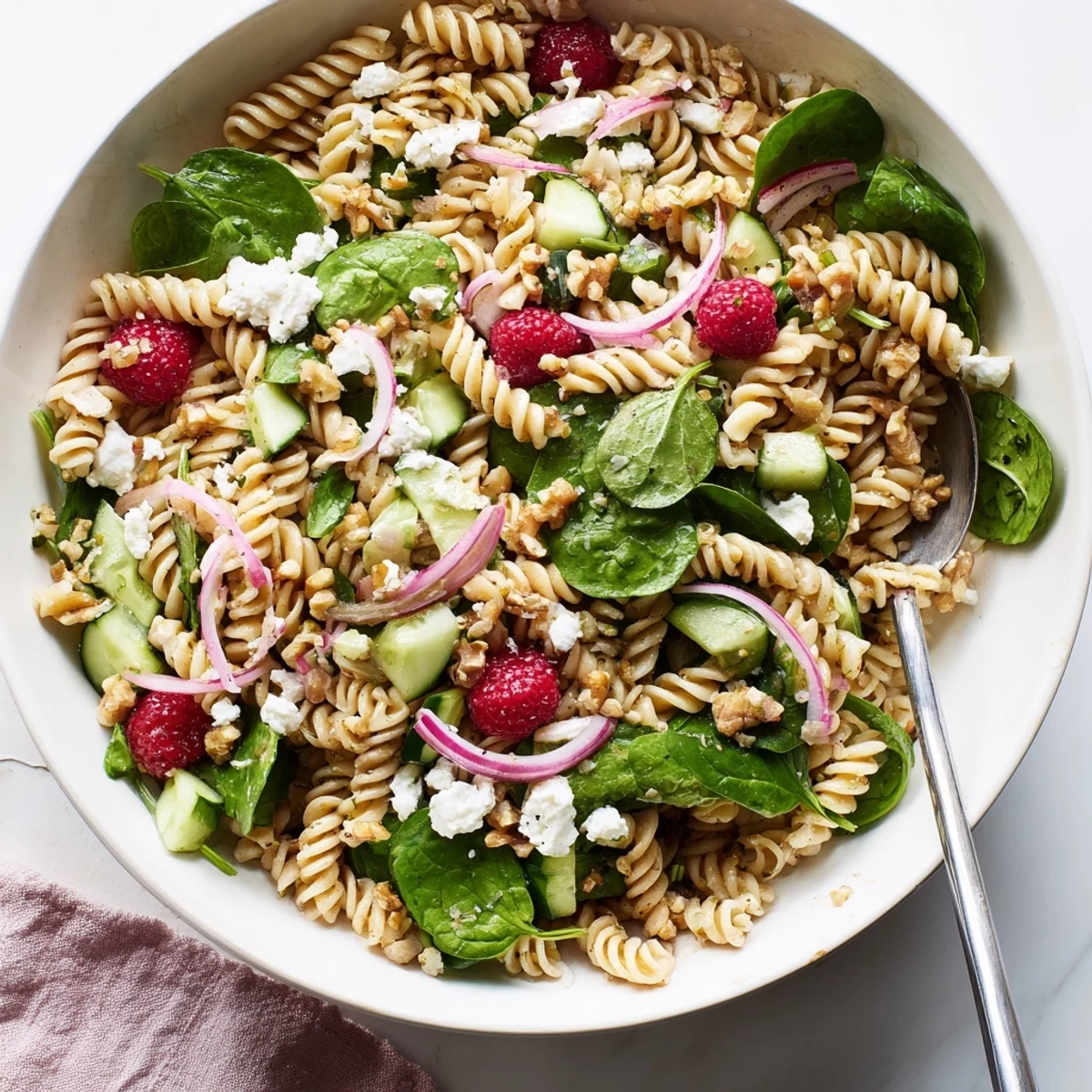 Golden pasta tossed with fresh baby spinach, sweet raspberries, and crumbled feta in a light vinaigrette