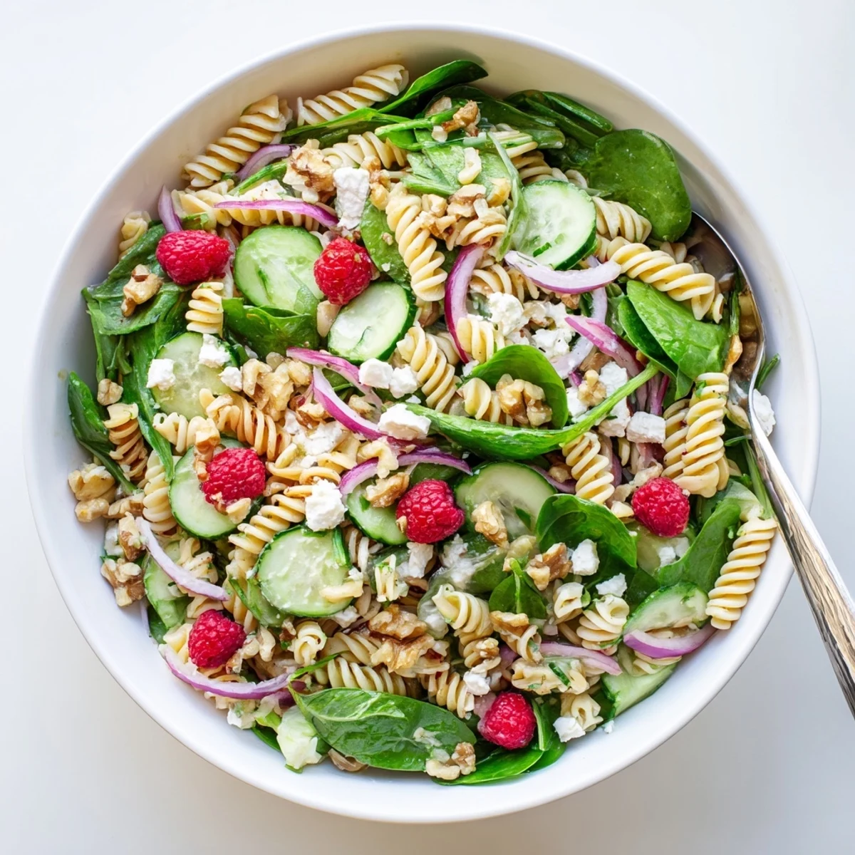 Colorful summer pasta salad featuring juicy raspberries, tender spinach leaves, and creamy feta cheese