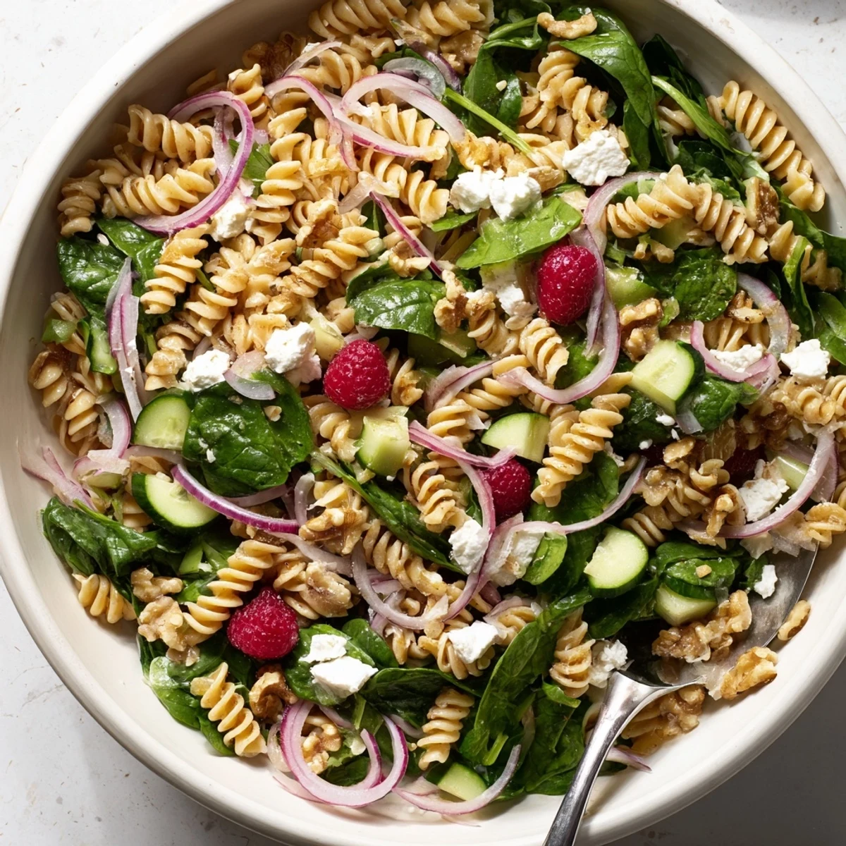 Refreshing raspberry spinach feta pasta salad with crisp vegetables and tangy homemade dressing