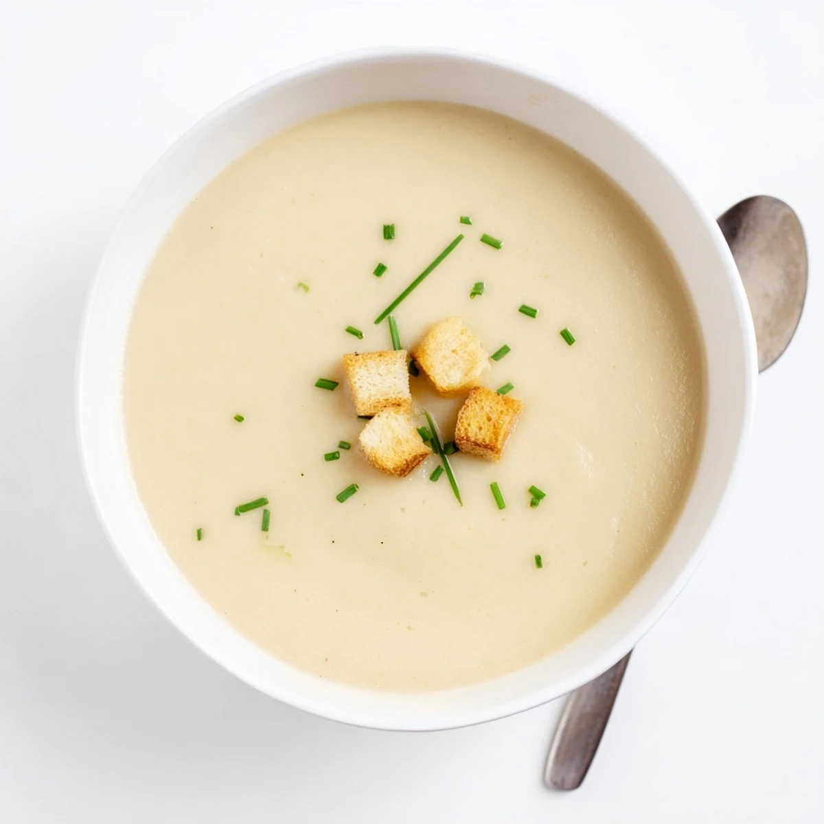 Velvety smooth potato leek soup served in white bowl with crusty bread on side