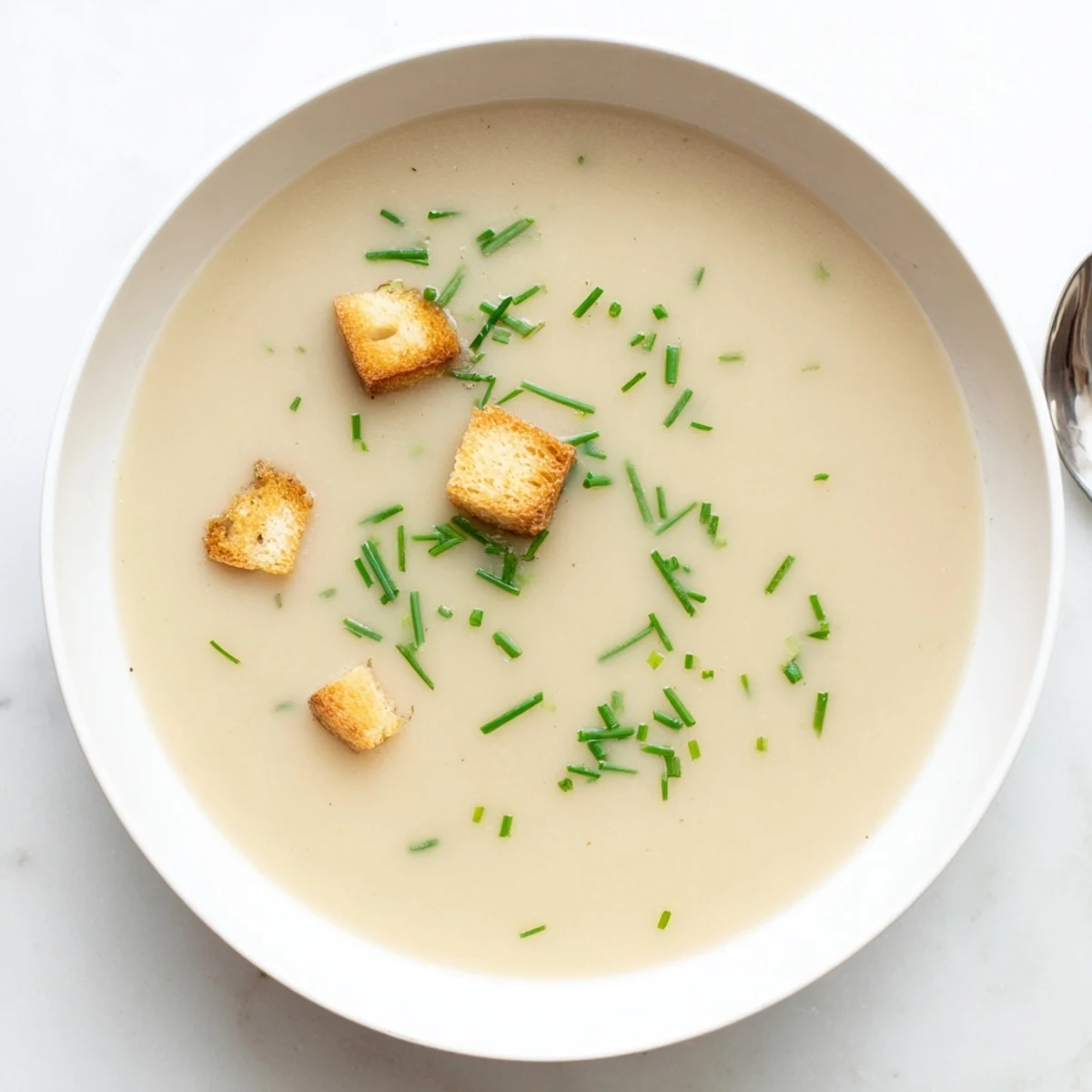 Bowl of creamy potato leek soup garnished with fresh chives and crispy croutons