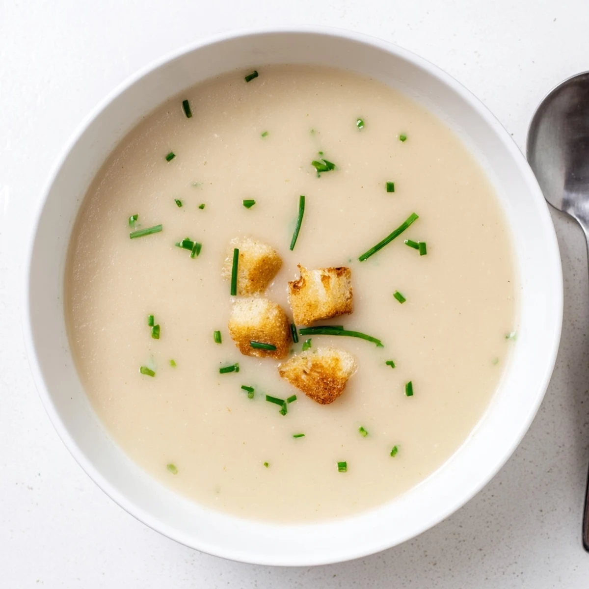 Steaming hot creamy potato leek soup with parsley garnish on rustic wooden table