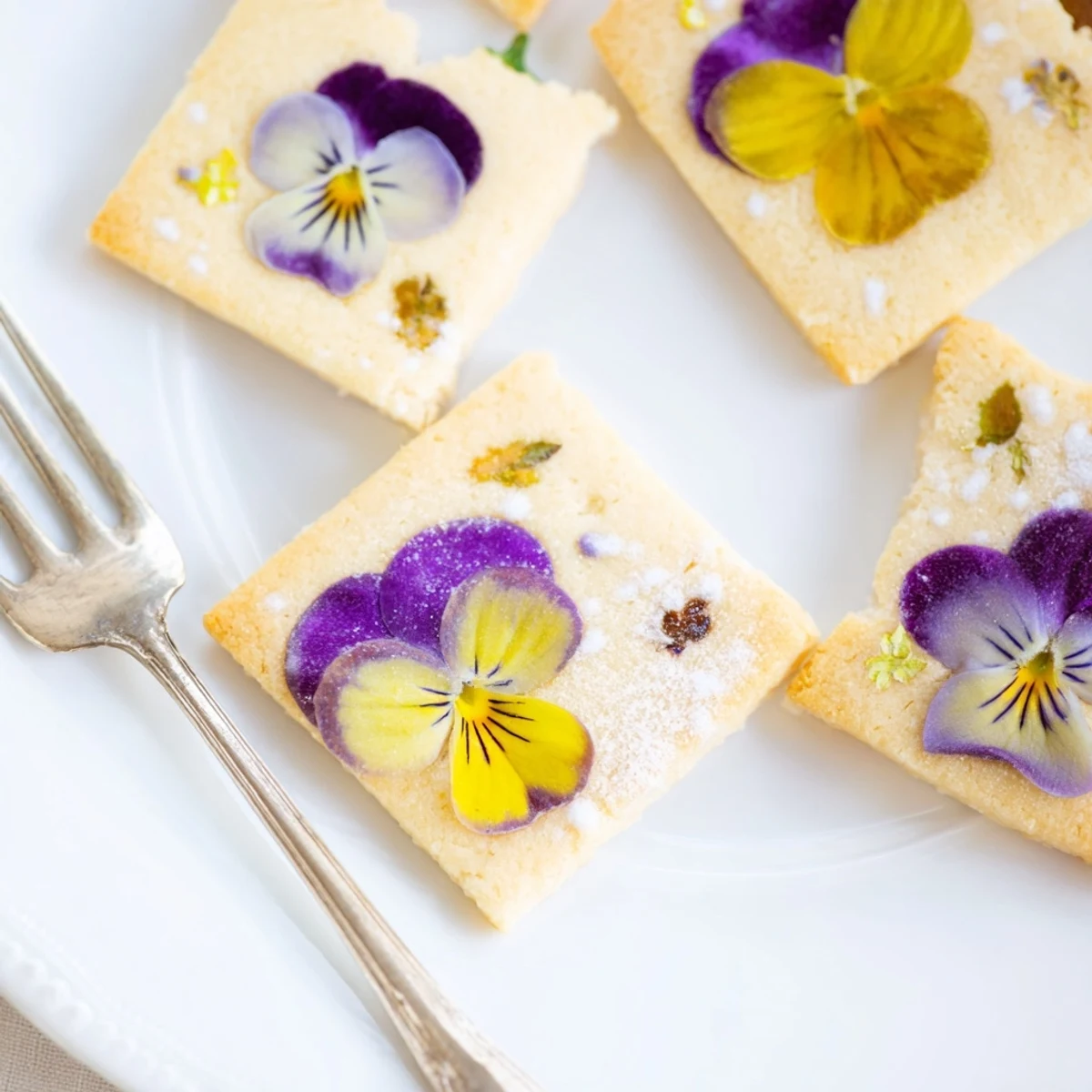Buttery shortbread cookies decorated with fresh edible flowers and a light dusting of sparkling sugar