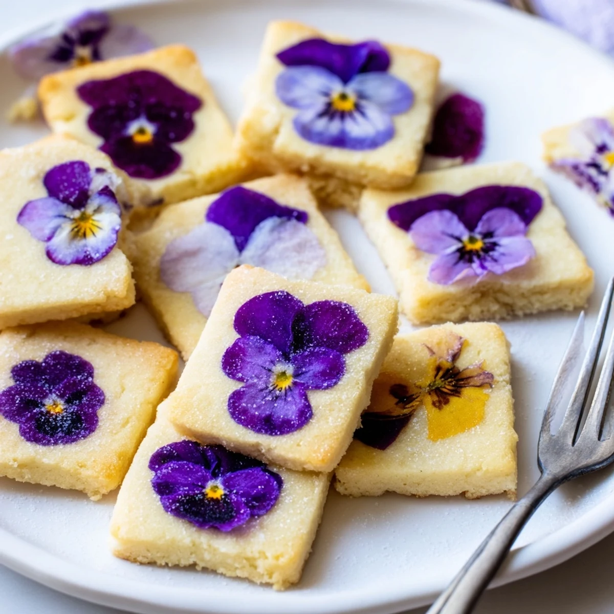 Golden spring flower shortbread cookies topped with colorful pressed violets and pansies on a white plate