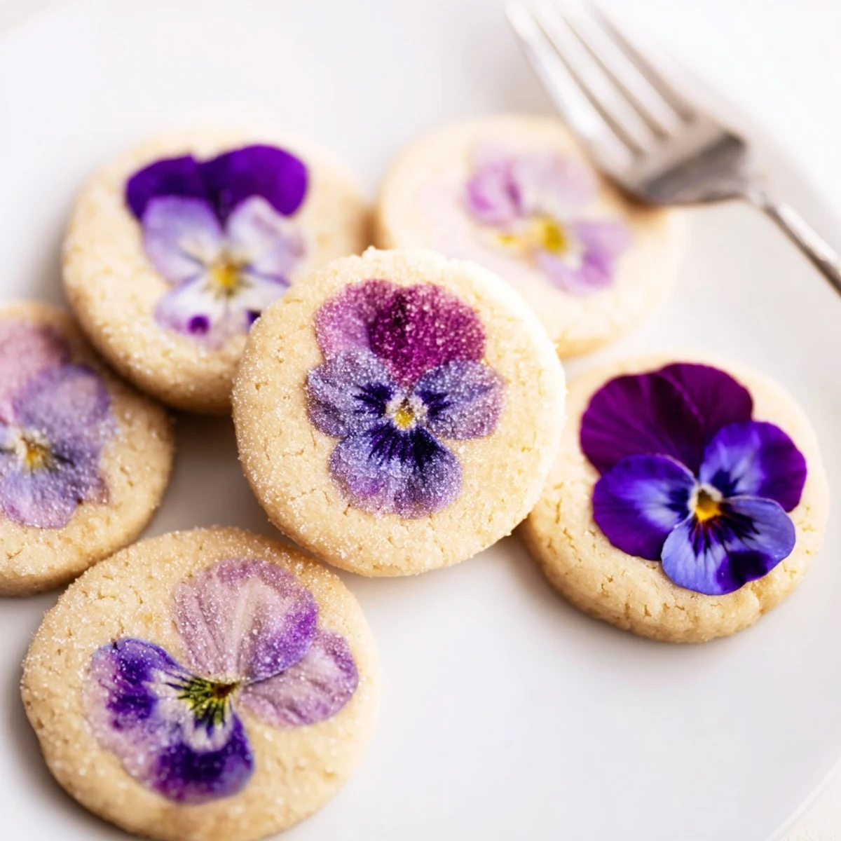 Delicate flower shortbread cookies arranged on a rustic wooden board with blooming petals baked into golden dough