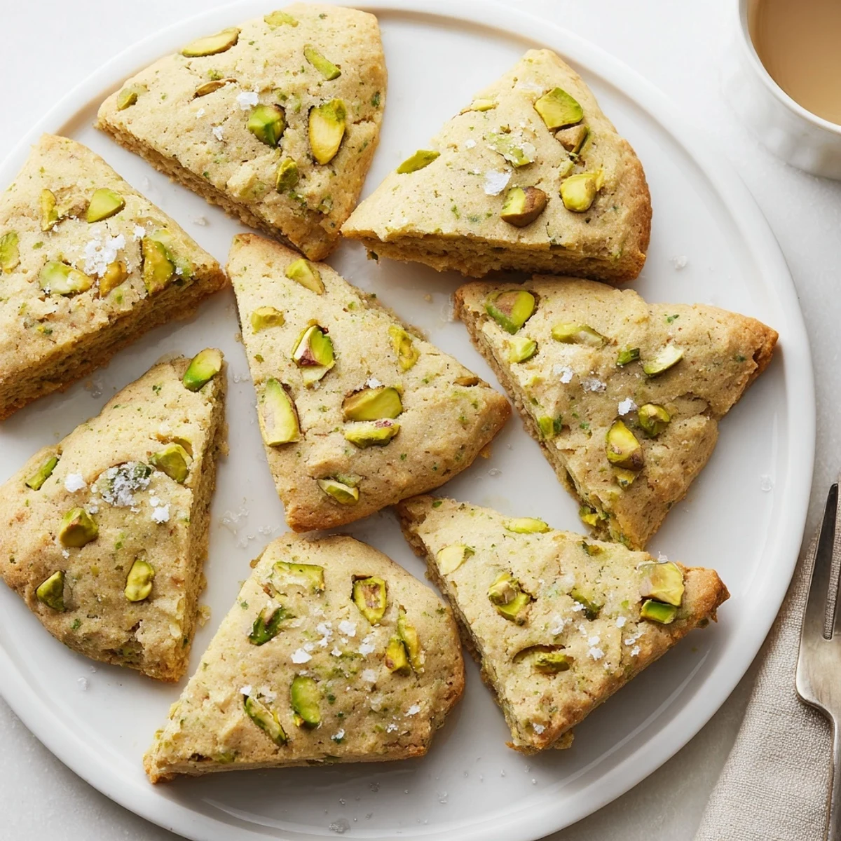 Golden brown salted pistachio cookies topped with flaky sea salt on a white plate