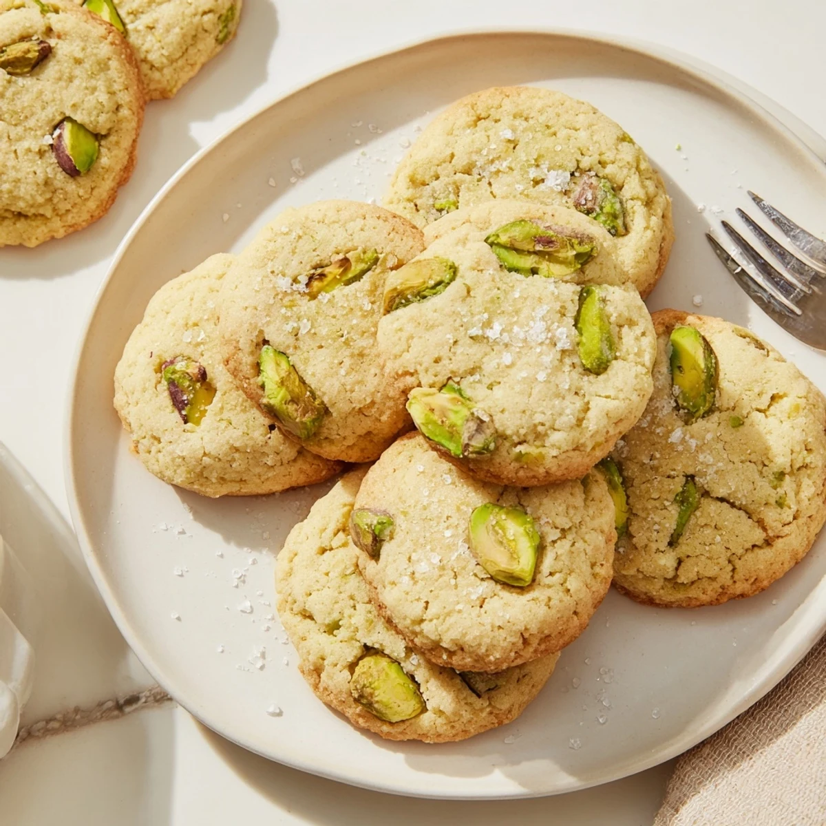 Buttery salted pistachio cookies studded with green nuts and crystalline salt crystals