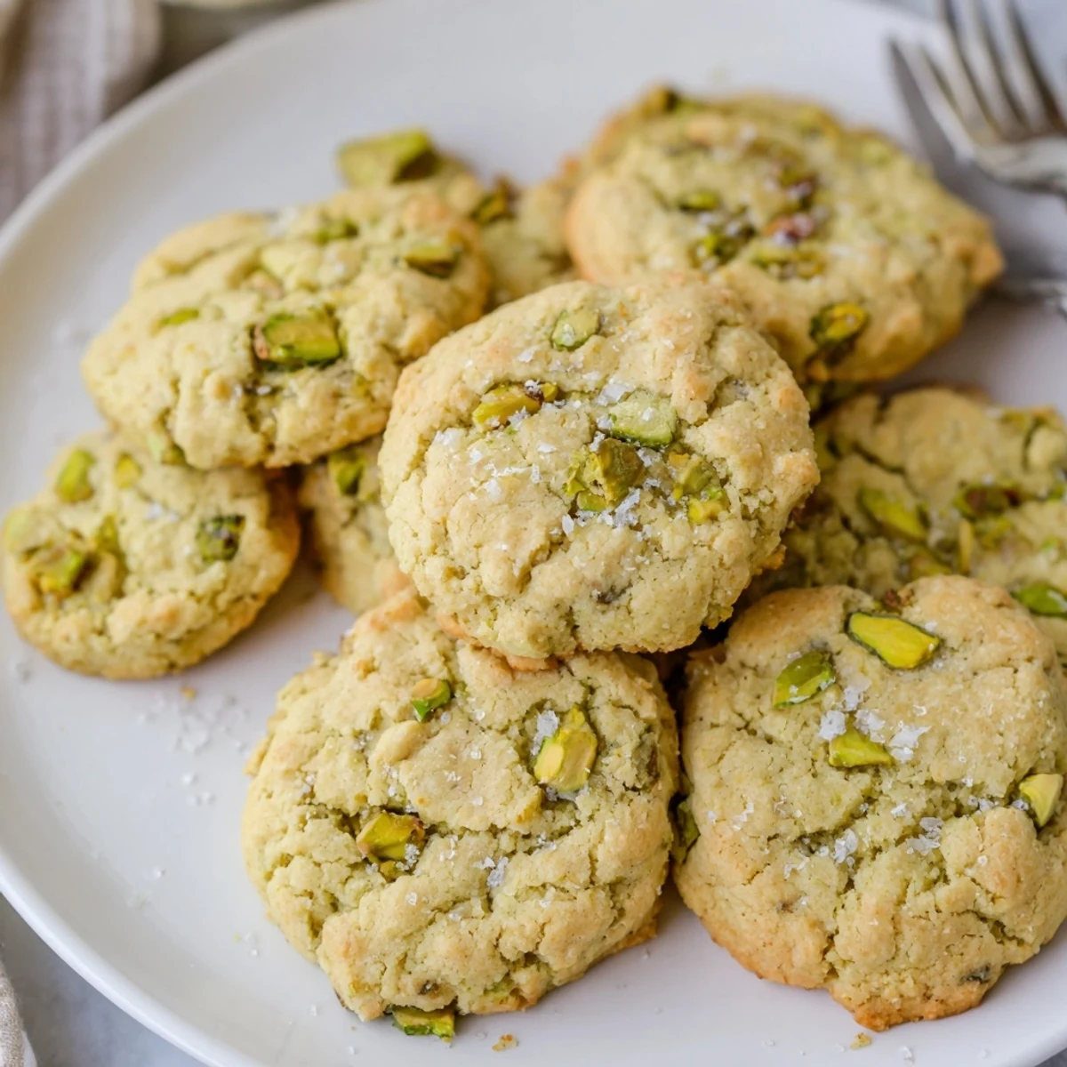Freshly baked salted pistachio cookies with chopped roasted pistachios and sea salt sprinkles