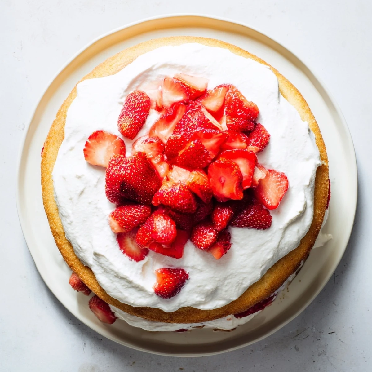 Slice of strawberry shortcake cake revealing fluffy vanilla layers with whipped cream and fresh red strawberries