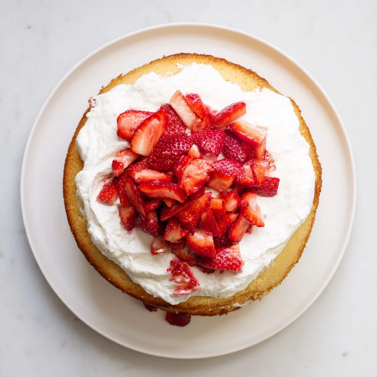 Two-layer strawberry shortcake cake piled high with sweet macerated berries and billowy white whipped cream frosting