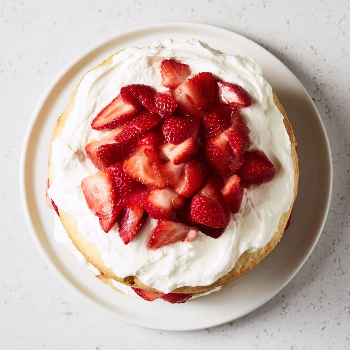 Summer dessert showing strawberry shortcake cake with juicy berry filling and vanilla sponge layers on white plate