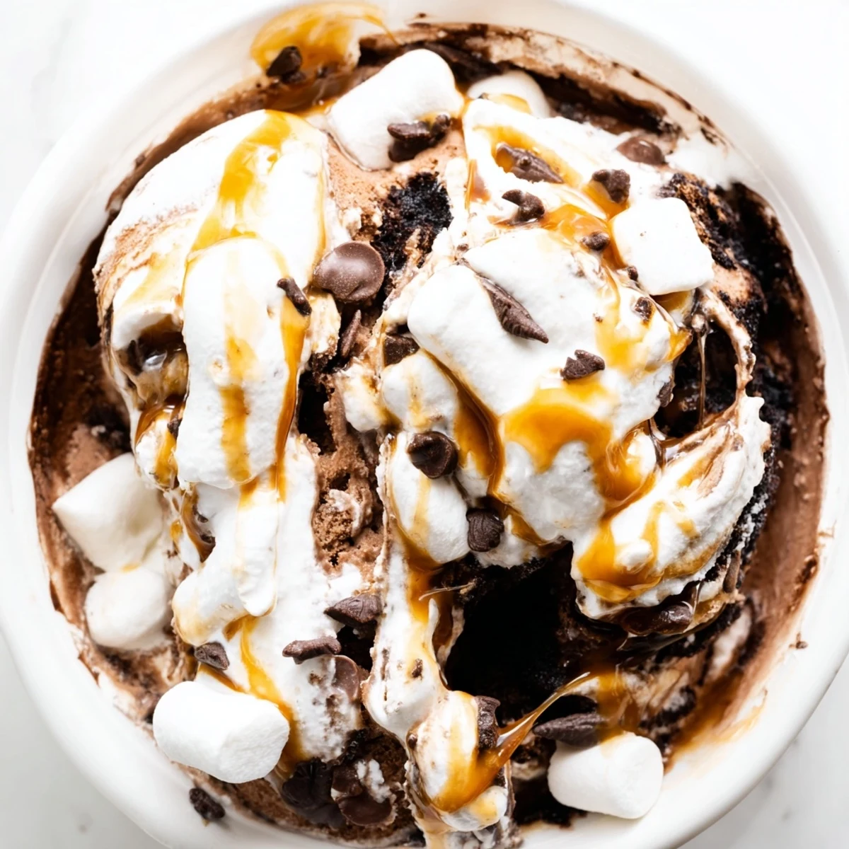 Creamy Ninja Creami Phish Food ice cream swirled with gooey marshmallow fluff and golden caramel ribbons