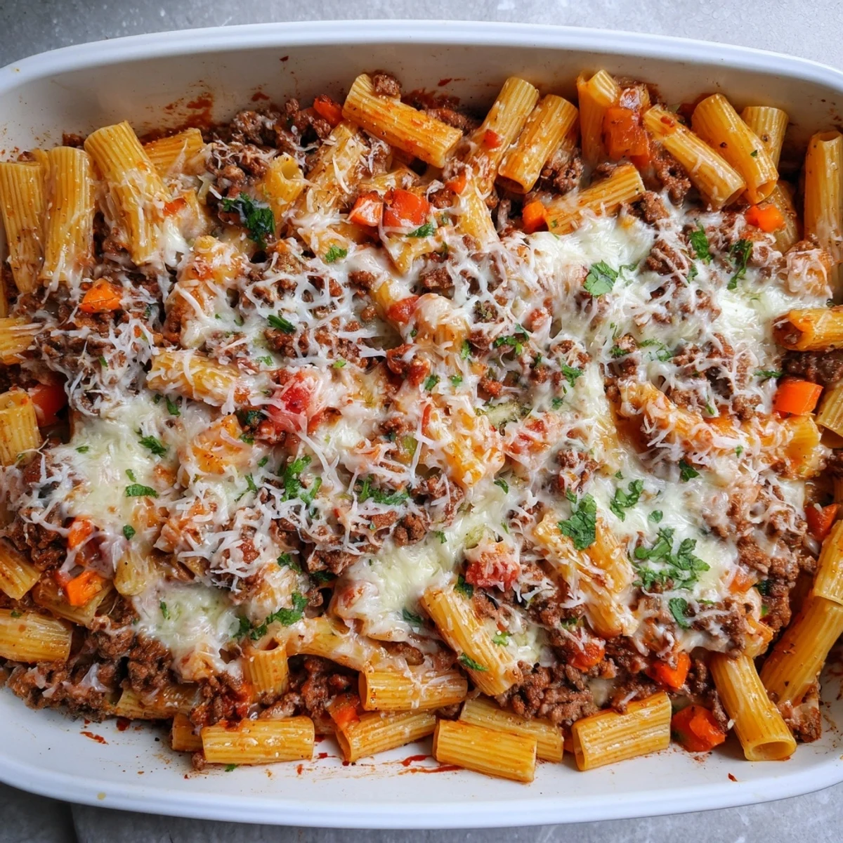 Golden bubbling Bolognese pasta bake fresh from the oven with melted cheese topping