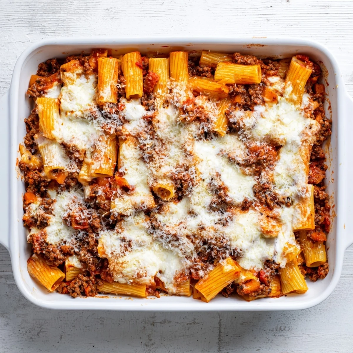 Rigatoni pasta tossed in rich meat sauce topped with mozzarella and Parmesan