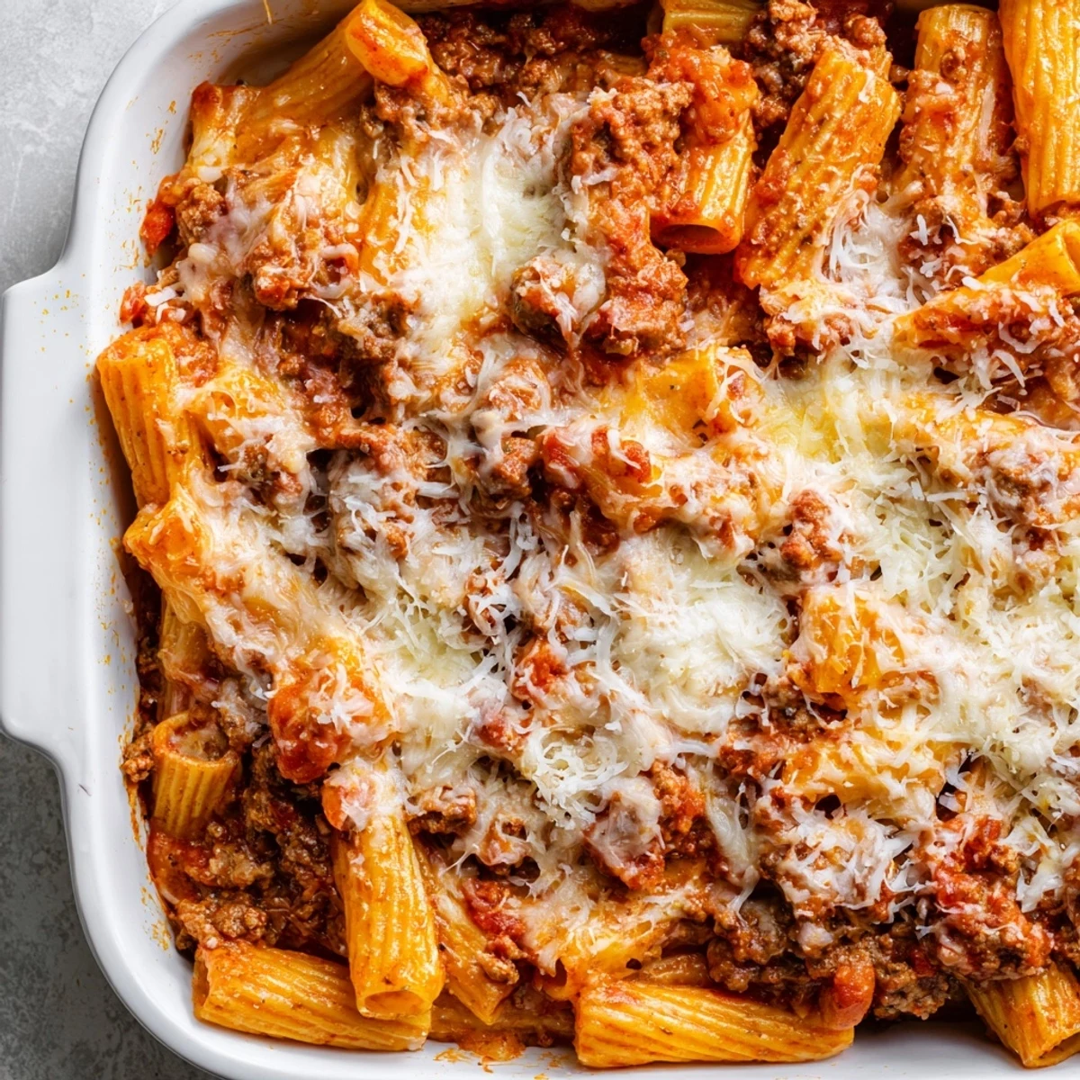 Hearty Italian baked pasta dish with tender beef and gooey golden cheese layer